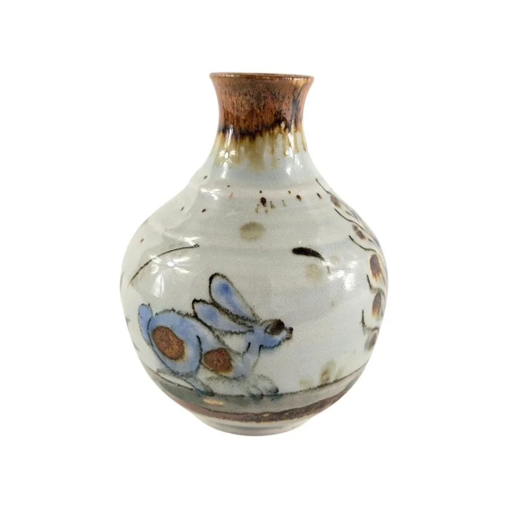 Vintage Ken Edwards Pottery Vase Tonala Butterfly Flowers Bunny Rabbit Sign 5.5